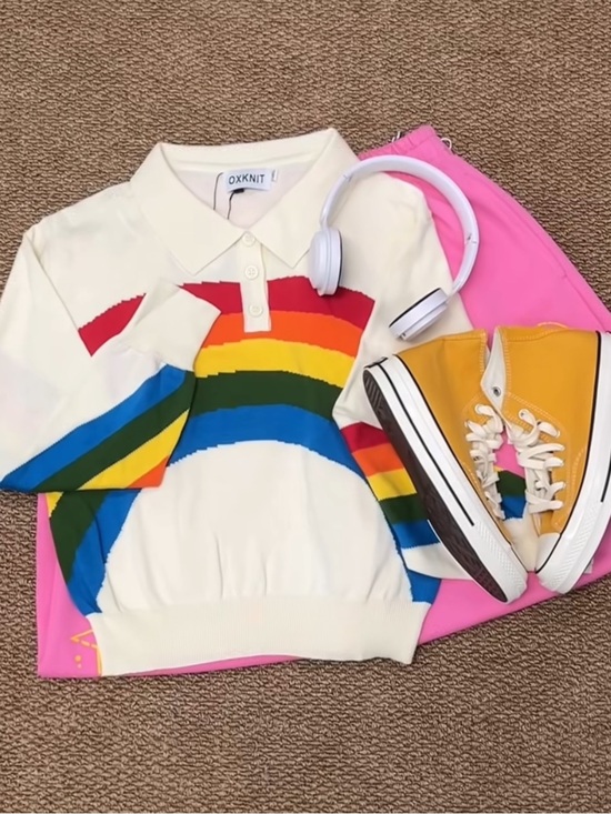 OXKnit Other - OXKNIT Kids Rainbow Polo Sweater - White with Multi-Color RAD rainbow sweater